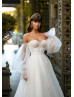 Strapless Beaded Ivory Lace Tulle Wedding Dress With Detachable Sleeves